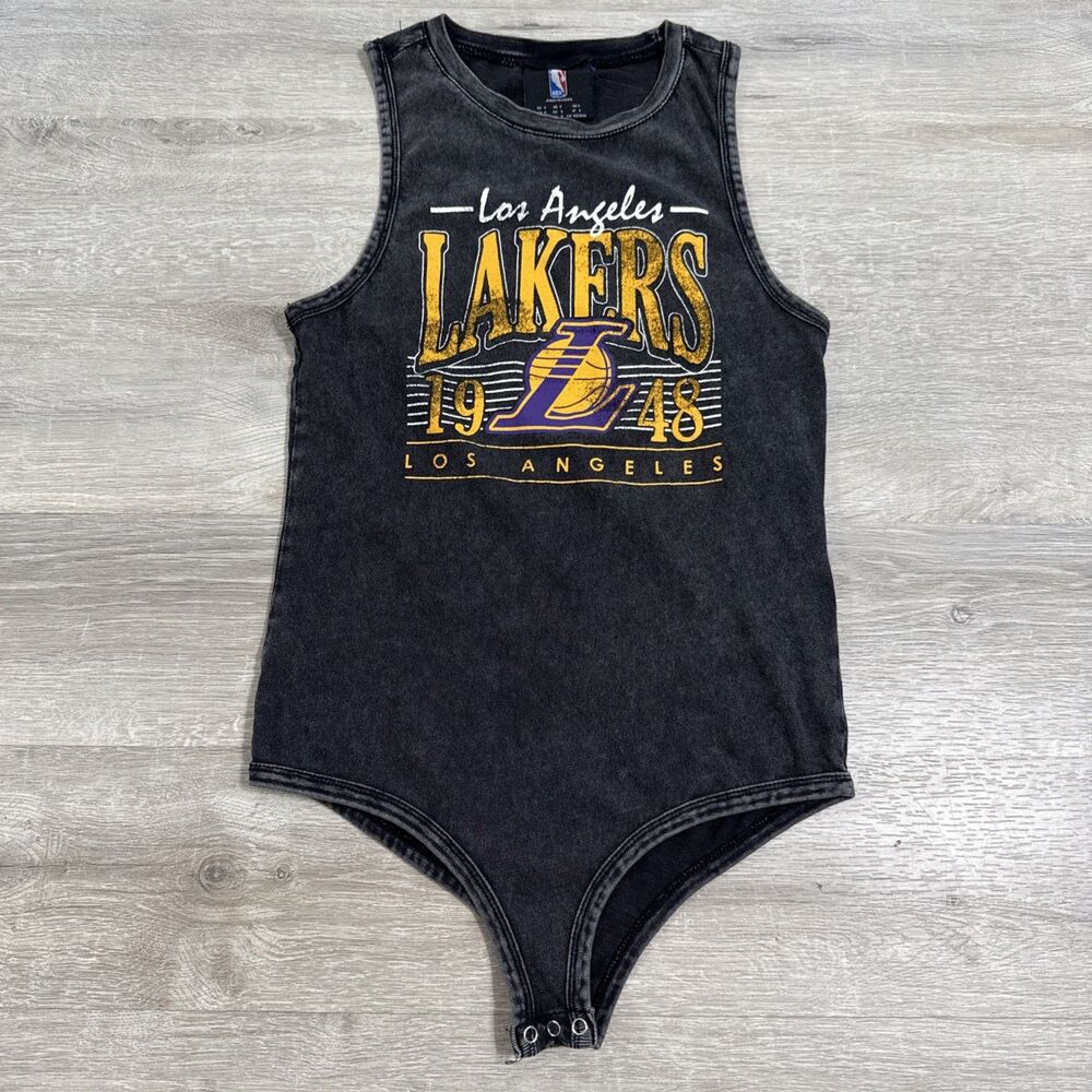 Los Angeles Lakers Shirt Women's Tank Bodysuit Black Acid Wash NBA Size Small